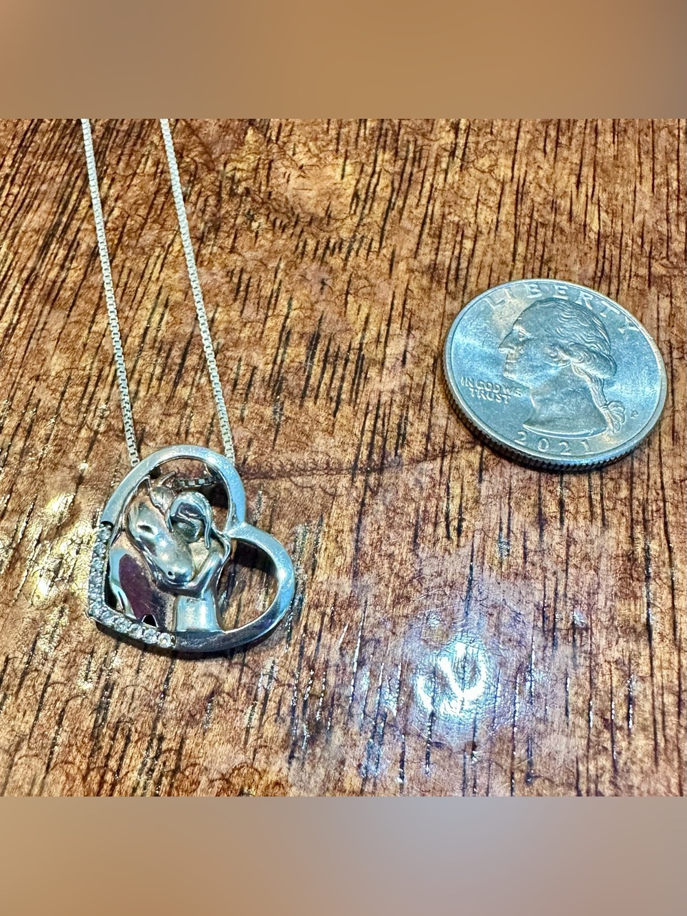 Solid Sterling Silver, Heart Pendant Necklace with Girl & Horse Motif